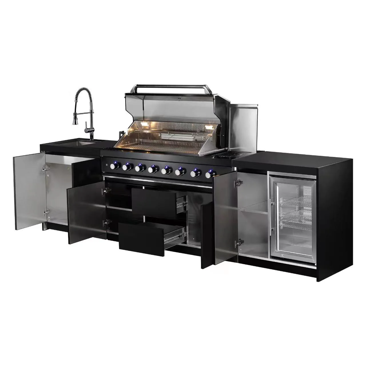 Aspire 6 Burner BBQ Outdoor Modular Kitchen with Sink, Single Fridge & Cabinet - Image 3