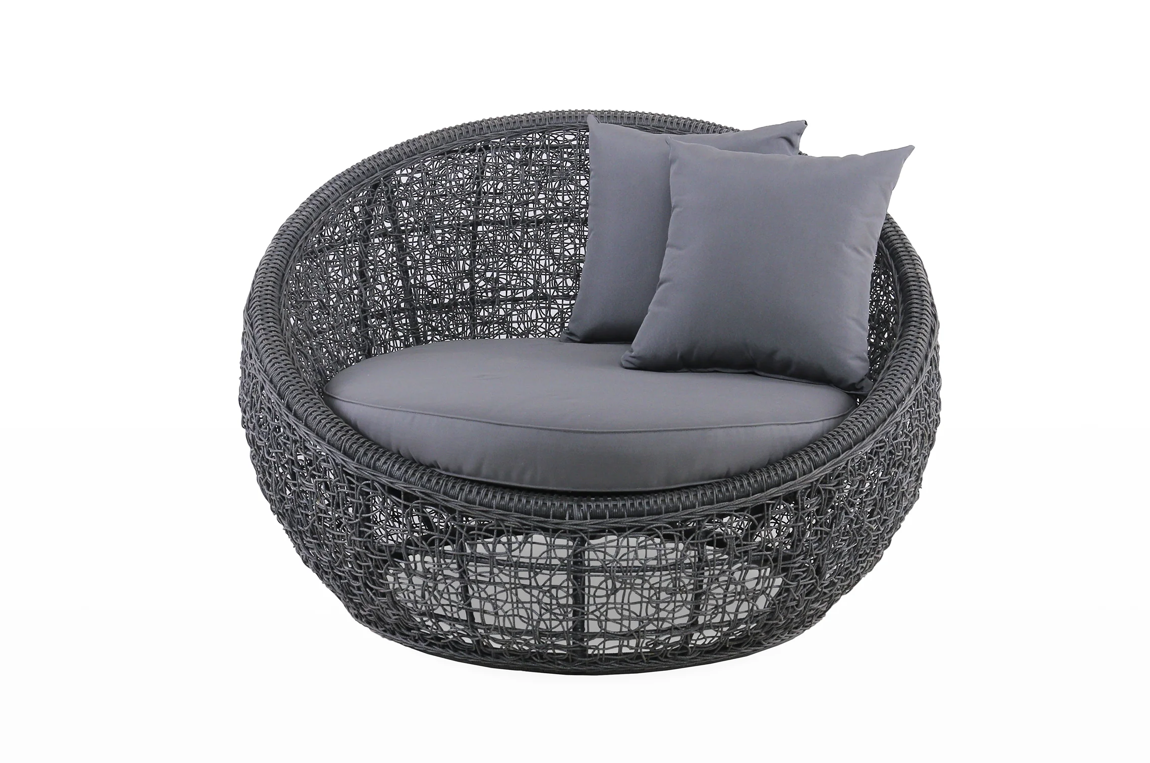East India Round Daybed 120cm Black Random Weave with Grey Cushion - Image 2