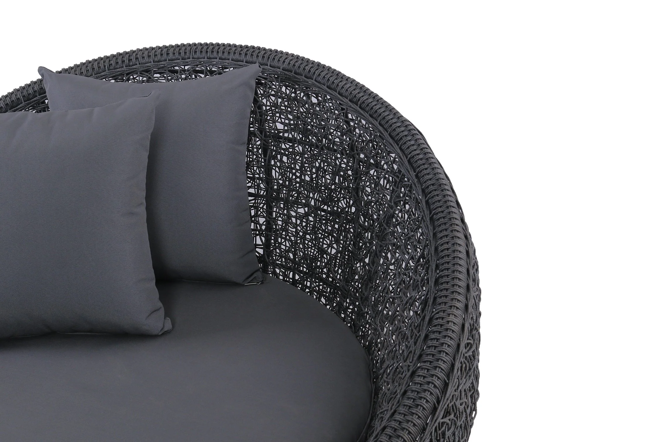 East India Round Daybed 120cm Black Random Weave with Grey Cushion - Image 6