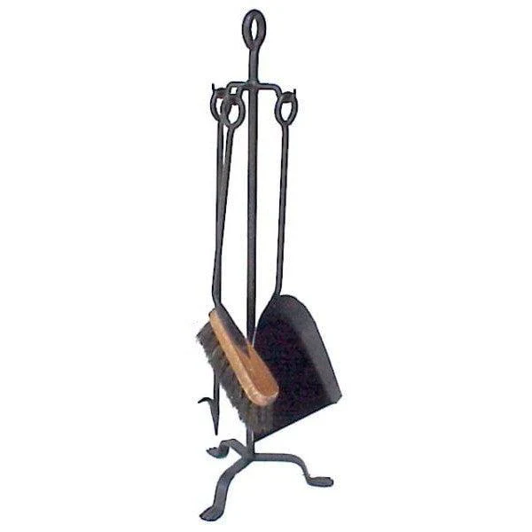 FireUp 3 Piece Steel Handle Tool Set with Stand - Wide Shovel, Log Roller, Angled Brush