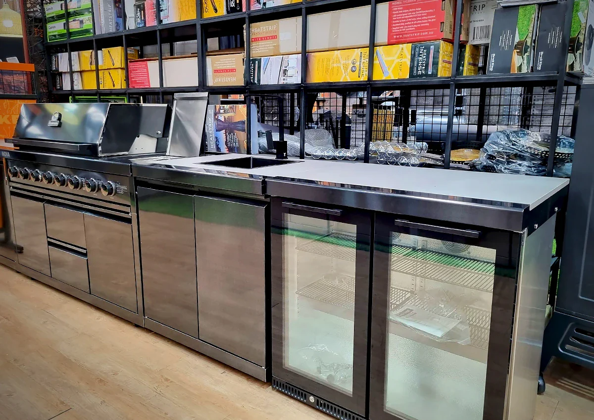 Gasmate Nova Graphite Outdoor Kitchen with Sink, 6 Burner BBQ and Double Door Fridge + Top - Image 21