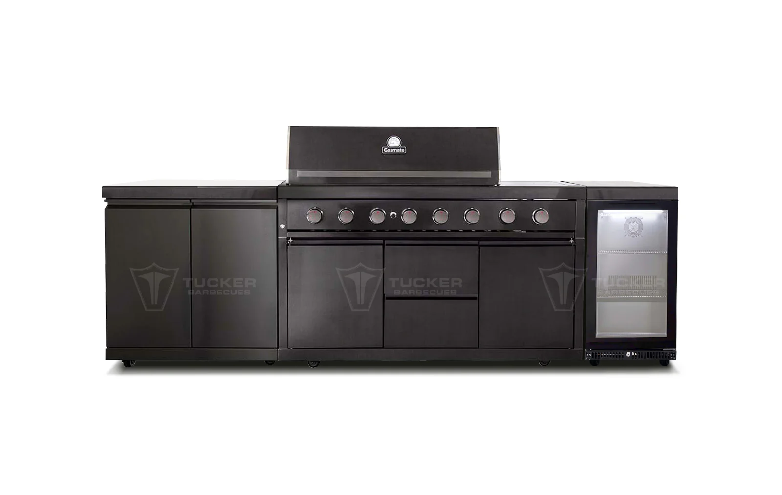 Gasmate Nova MK2 Graphite Outdoor Kitchen with Storage, 6 Burner BBQ and Single Door Fridge + Top