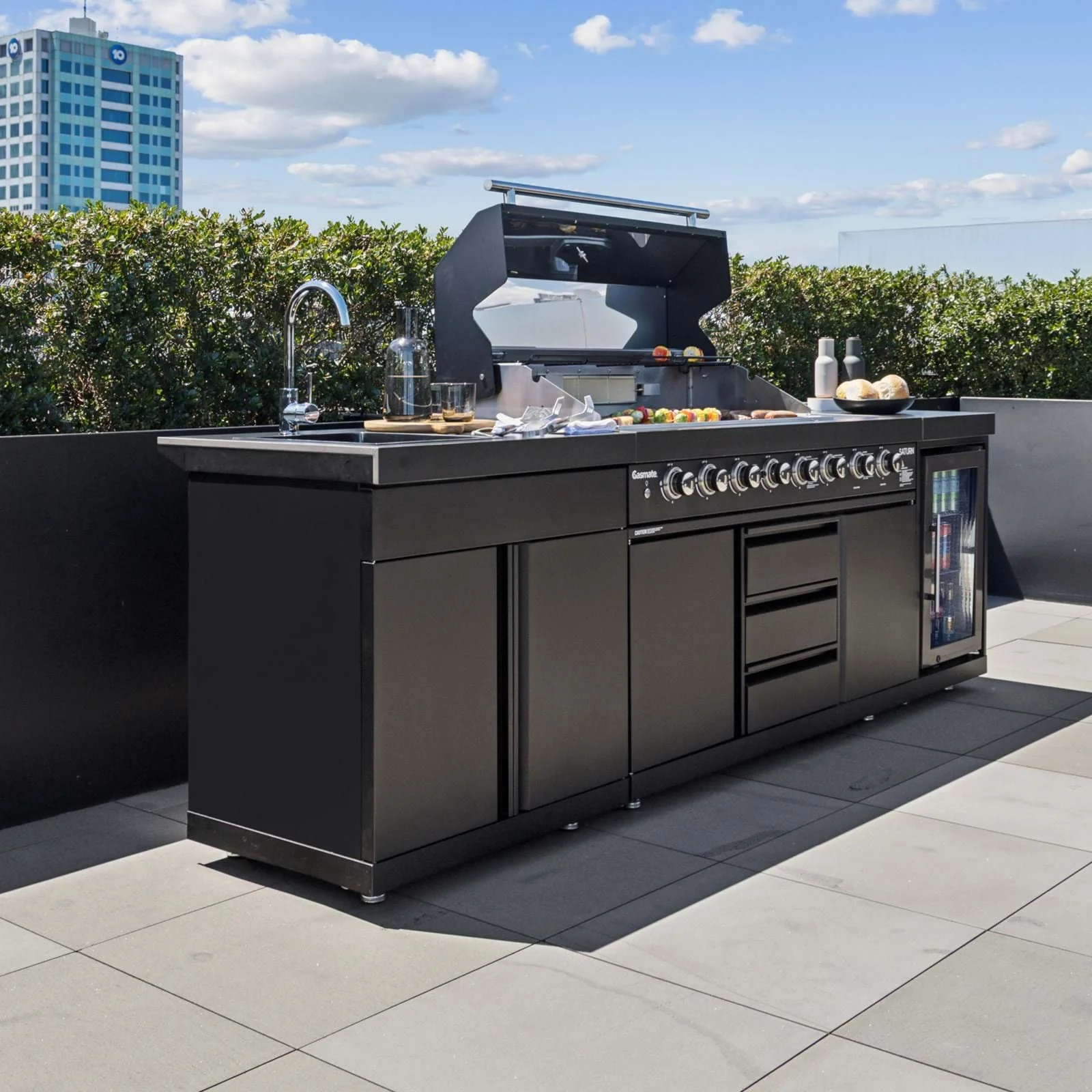 Gasmate Saturn Kitchen with 6 Burner BBQ Sink Module & Single Drinks Fridge - Charcoal - Image 3