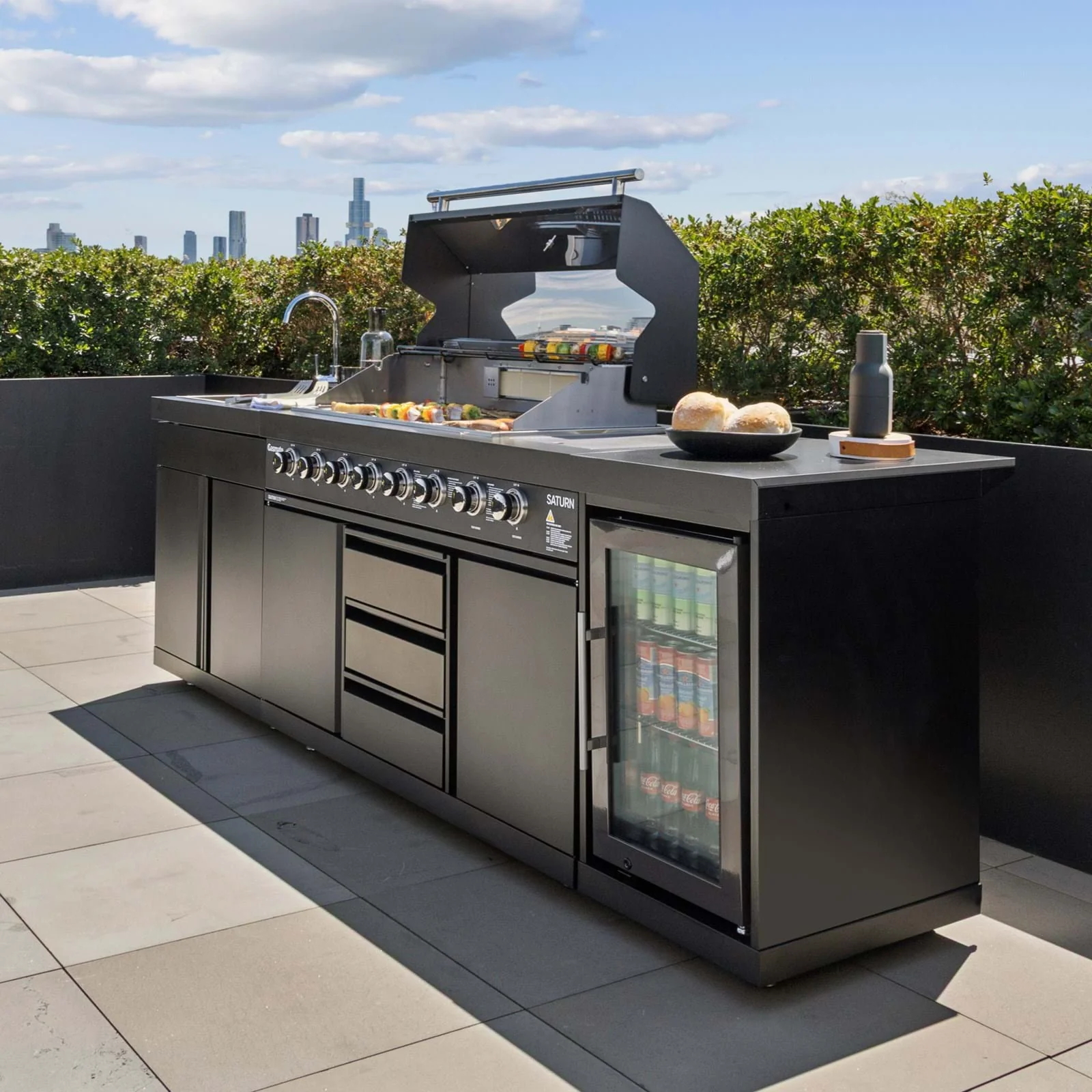 Gasmate Saturn Kitchen with 6 Burner BBQ Sink Module & Single Drinks Fridge - Charcoal - Image 4