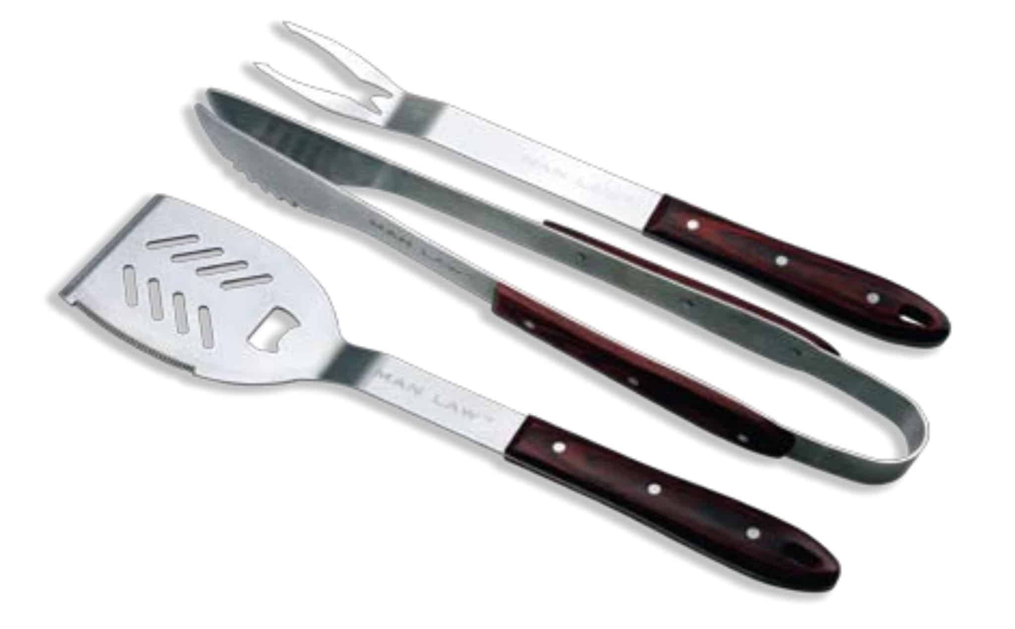 Man Law 3 Piece Premium Oakwood BBQ Tool Set (Spatula/Fork/Tongs)