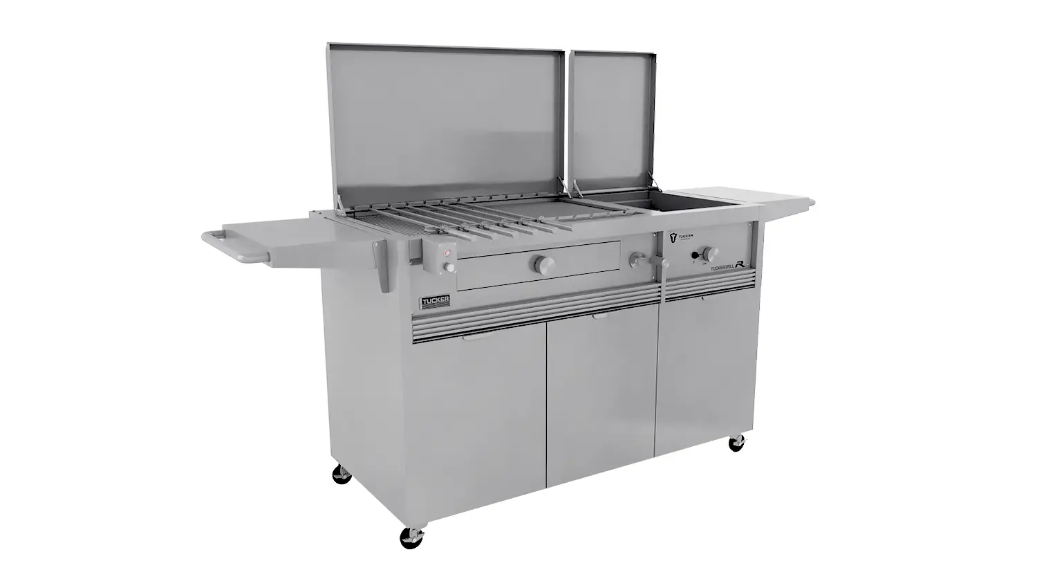 Tucker Charcoal Deluxe Pro BBQ Plus Wok Burner on Cabinet with Hinged Flat Lid - Image 3