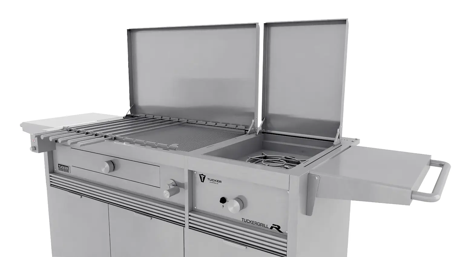 Tucker Charcoal Deluxe Pro BBQ Plus Wok Burner on Cabinet with Hinged Flat Lid - Image 4