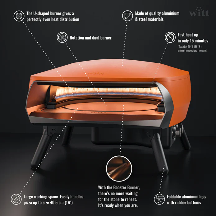 WITT Etna Rotante 16 Inch Gas Double Burner Pizza Oven with Rotating Stone - Orange - Image 8